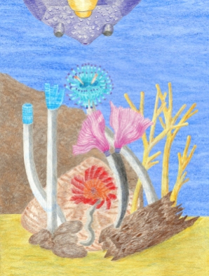 Fan Tube Worms or Feather Duster Tube Worm Rendering/Drawing (Prehistoric Ostracoderm Fish Observing Tube Worms)